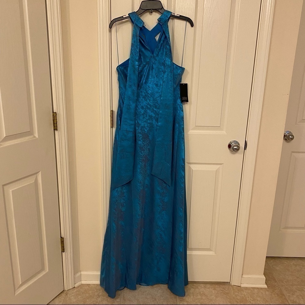 Aidan by Aidan Mattox Halter Sleeveless Foiled Mermaid Gown in Ocean Dream - Picture 8 of 11